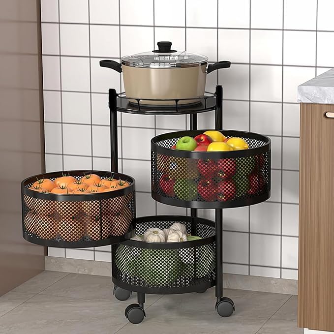SORATH Storage Rack Rotating Vegetable Kitchen Rack Round Multipurpose Storage Trolley with Wheels Metal Fruit Storage Rack Kitchen Cabinet Spice Rack Round Black 3 Layer