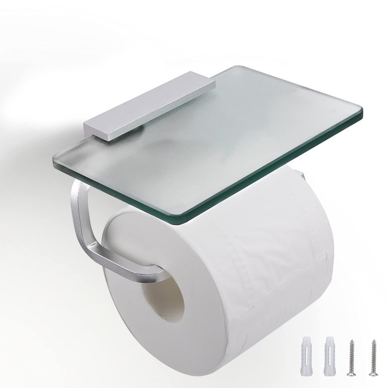 Toilet Paper Holder Bathroom Paper Toilet Roll Holder HangerToilet Paper Holder with Shelf Glassed Steel Frosted Silvery Lavatory Tissue Holder with Mobile Phone Storage Rack Silvery
