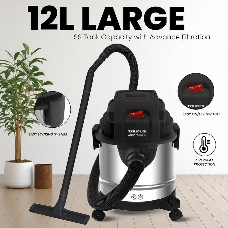 Taurus Wet and Dry Vacuum Cleaner for Home12 LTR Capacity1200 W17 kPa SuctionBlower FunctionHEPA FilterWet Vacuum Cleaner for Sofa House CleaningStainless Steel BodyAteca Active 12 - Image 5