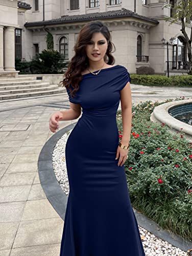 YMDUCH Women's Elegant Sleeveless Off Shoulder Bodycon Long Formal Party Evening Dress Navy - Image 3