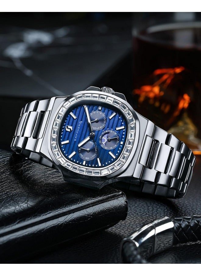 Sapphero - Sapphero Watches for Men Analog Watch Mens Watches Waterproof Watch Diamond Silver Watch Quartz Date Display Men's Wrist Watches Stainless Steel Casual Luxury Gifts for Men Unique Mens Dress Watch - Image 1