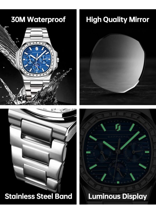 Sapphero - Sapphero Watches for Men Analog Watch Mens Watches Waterproof Watch Diamond Silver Watch Quartz Date Display Men's Wrist Watches Stainless Steel Casual Luxury Gifts for Men Unique Mens Dress Watch - Image 1