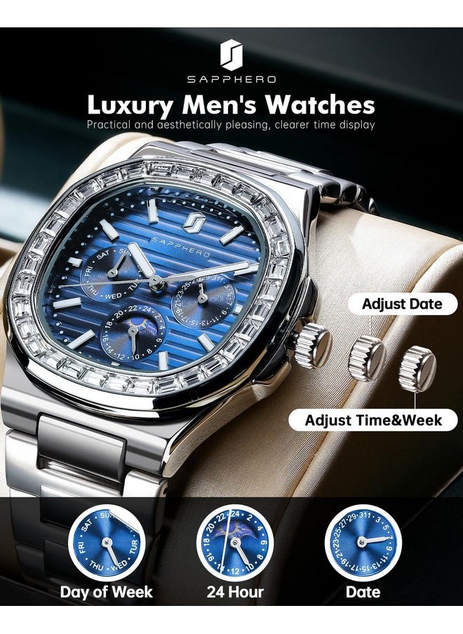 Sapphero - Sapphero Watches for Men Analog Watch Mens Watches Waterproof Watch Diamond Silver Watch Quartz Date Display Men's Wrist Watches Stainless Steel Casual Luxury Gifts for Men Unique Mens Dress Watch - Image 1