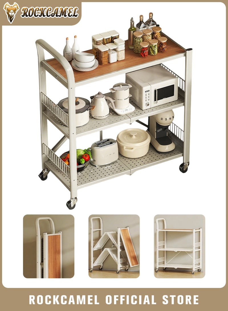 ROCKCAMEL رف تخزين قابل للطي بثلاث طبقات مع مقبض، أرفف تخزين مطبخ خشبية صلبة دوارة، وحدات رفوف معدنية كبيرة السعة، رف تخزين بدون تجميع للمطبخ، غرفة المعيشة، الطابق السفلي، الحمام - Image 1