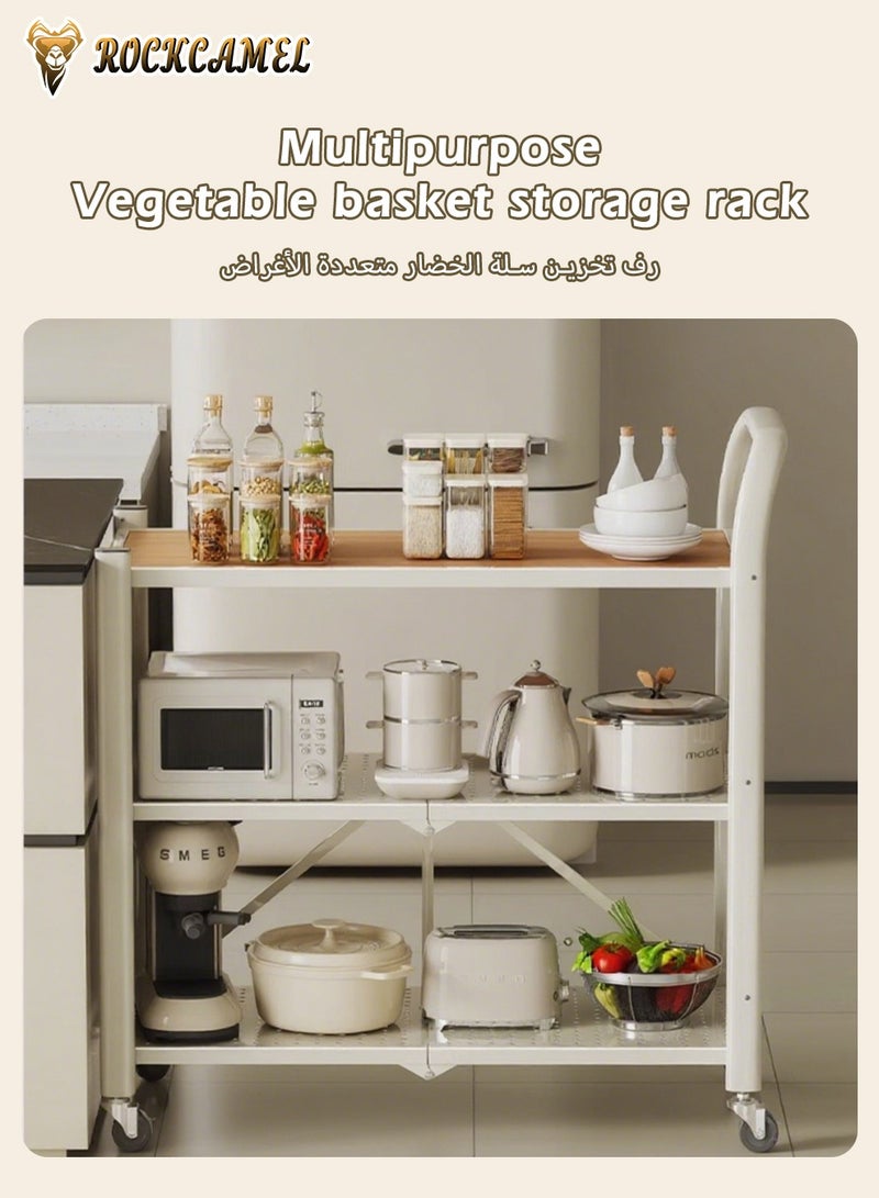 ROCKCAMEL رف تخزين قابل للطي بثلاث طبقات مع مقبض، أرفف تخزين مطبخ خشبية صلبة دوارة، وحدات رفوف معدنية كبيرة السعة، رف تخزين بدون تجميع للمطبخ، غرفة المعيشة، الطابق السفلي، الحمام - Image 2