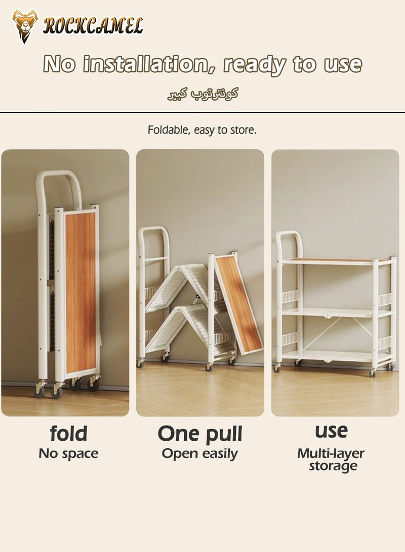 ROCKCAMEL رف تخزين قابل للطي بثلاث طبقات مع مقبض، أرفف تخزين مطبخ خشبية صلبة دوارة، وحدات رفوف معدنية كبيرة السعة، رف تخزين بدون تجميع للمطبخ، غرفة المعيشة، الطابق السفلي، الحمام - Image 4