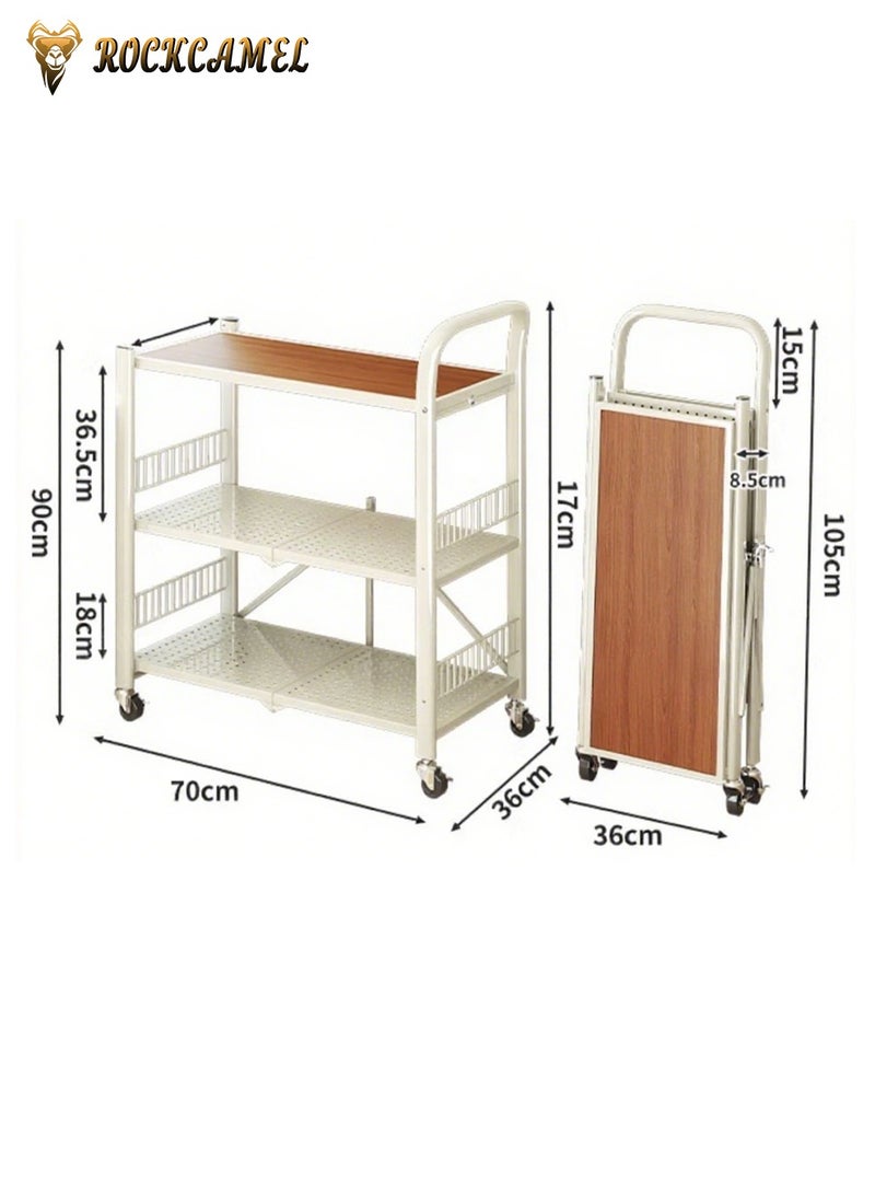 ROCKCAMEL رف تخزين قابل للطي بثلاث طبقات مع مقبض، أرفف تخزين مطبخ خشبية صلبة دوارة، وحدات رفوف معدنية كبيرة السعة، رف تخزين بدون تجميع للمطبخ، غرفة المعيشة، الطابق السفلي، الحمام - Image 5