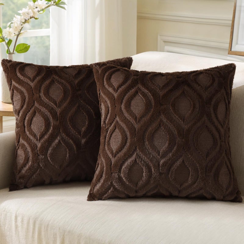 decorUhome Cozy Textured Throw Pillow Covers 20x20 Inch Set of 2, Soft Plush Faux Wool Dark Brown Accent Couch Pillow Covers for Modern Farmhouse Sofa Bed Living Room - Image 1