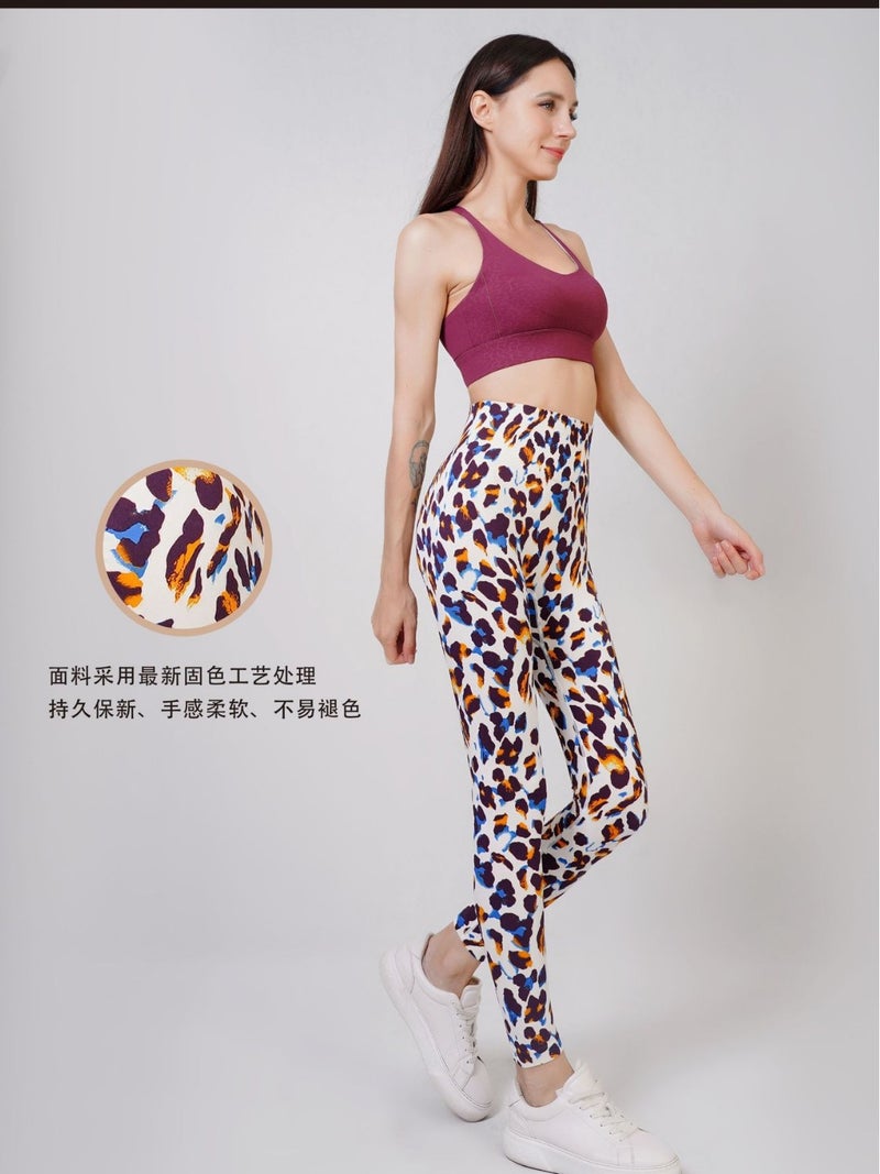 Generic European and American Cross-border 2025 New Leopard Print Womens Yoga Pants Outdoor Sports Body Shaping Tight Peach Hip Floral leopard print