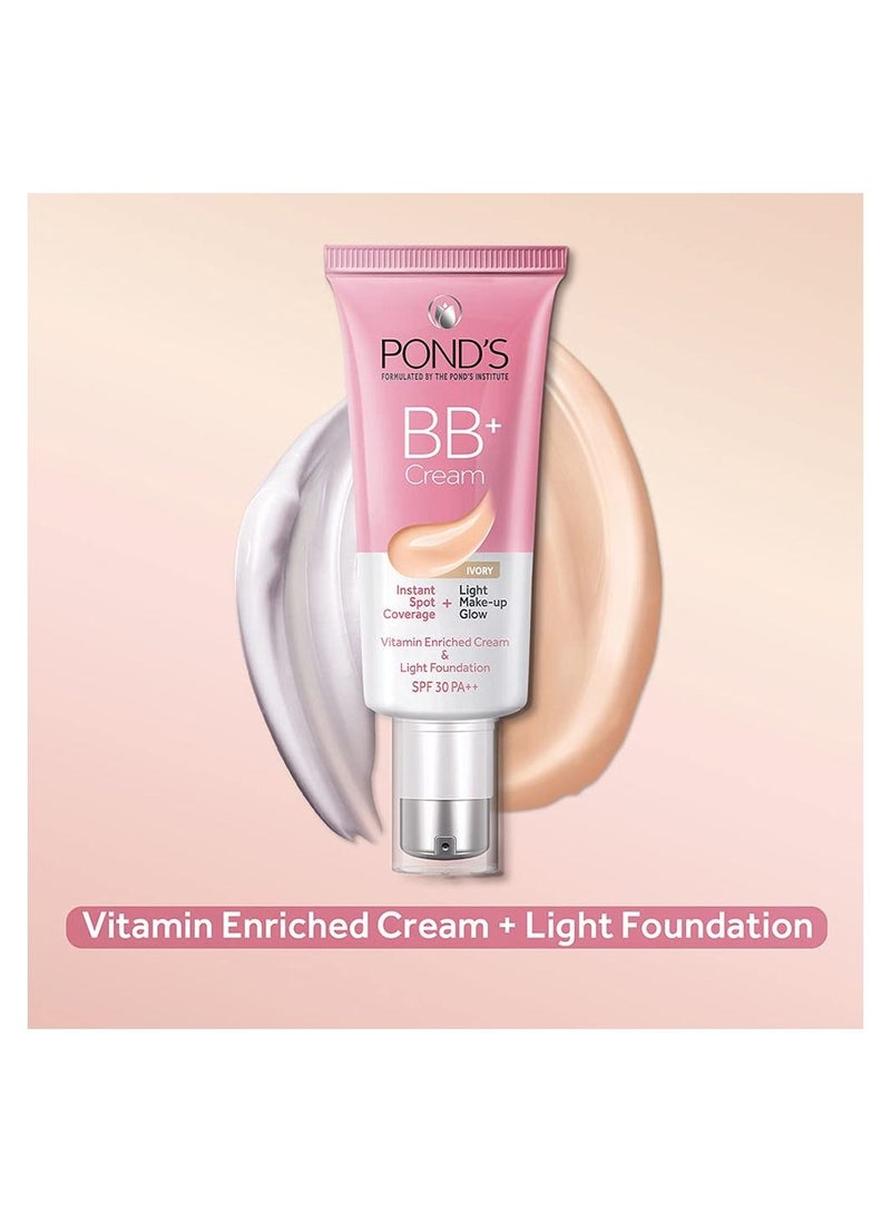 Pond's Spf 30 BB CREAM Ivory Instant Spot Coverage Light Make Up Glow Vitamin Enriched Cream And Lightweight Foundation 30gm  - Image 2