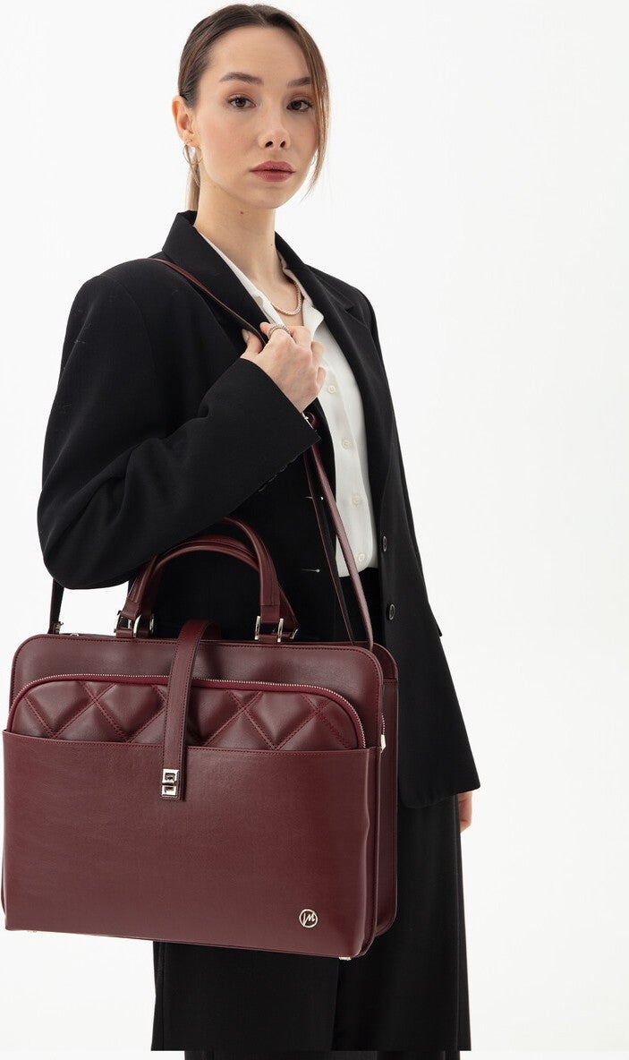 Morca Women's Briefcase Laptop Bag Quilted Claret Red  - Image 1