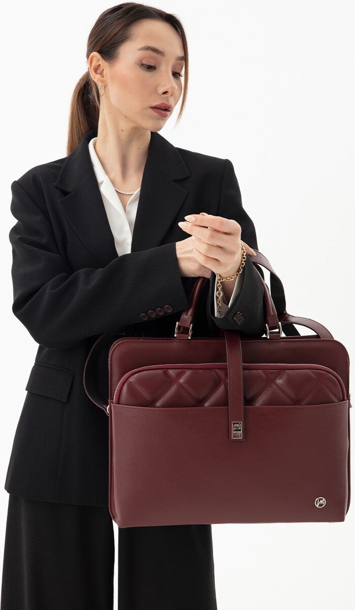 Morca Women's Briefcase Laptop Bag Quilted Claret Red  - Image 3