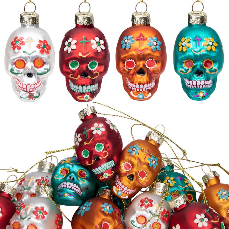 12pcs Day of The Dead Glass Ornaments  Dia De Los Muertos Sugar Skull  Skeleton Head Ornaments for Christmas Tree Hanging Decorations