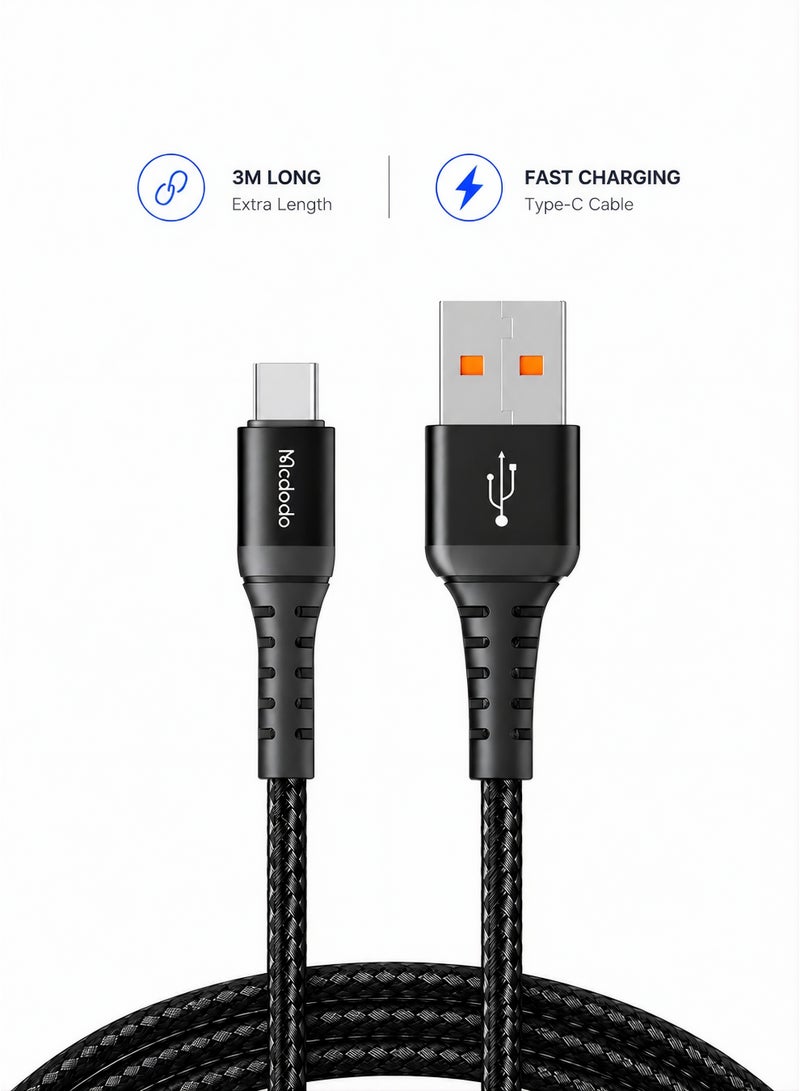 Mcdodo USB-A to USB-C Cable 3m Fast Charging – Long Type-C Charger Cable Data Sync Cord for Android Phones, Samsung Galaxy, Power Bank, Tablet – Black - Image 1