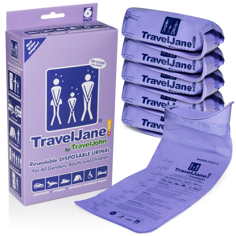 TravelJohn TravelJane Resealable Disposable Urinal for All Genders Adults and Children 6 Pack Designed for Emergencies Travel Camping Long Car Rides and More 28oz800ml Capacity TJ1TC