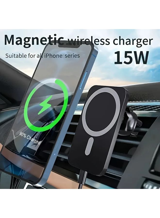 Black 15W Fast Magnetic Wireless Car Charger Adjustable Phone Holder USB Type C - Image 3