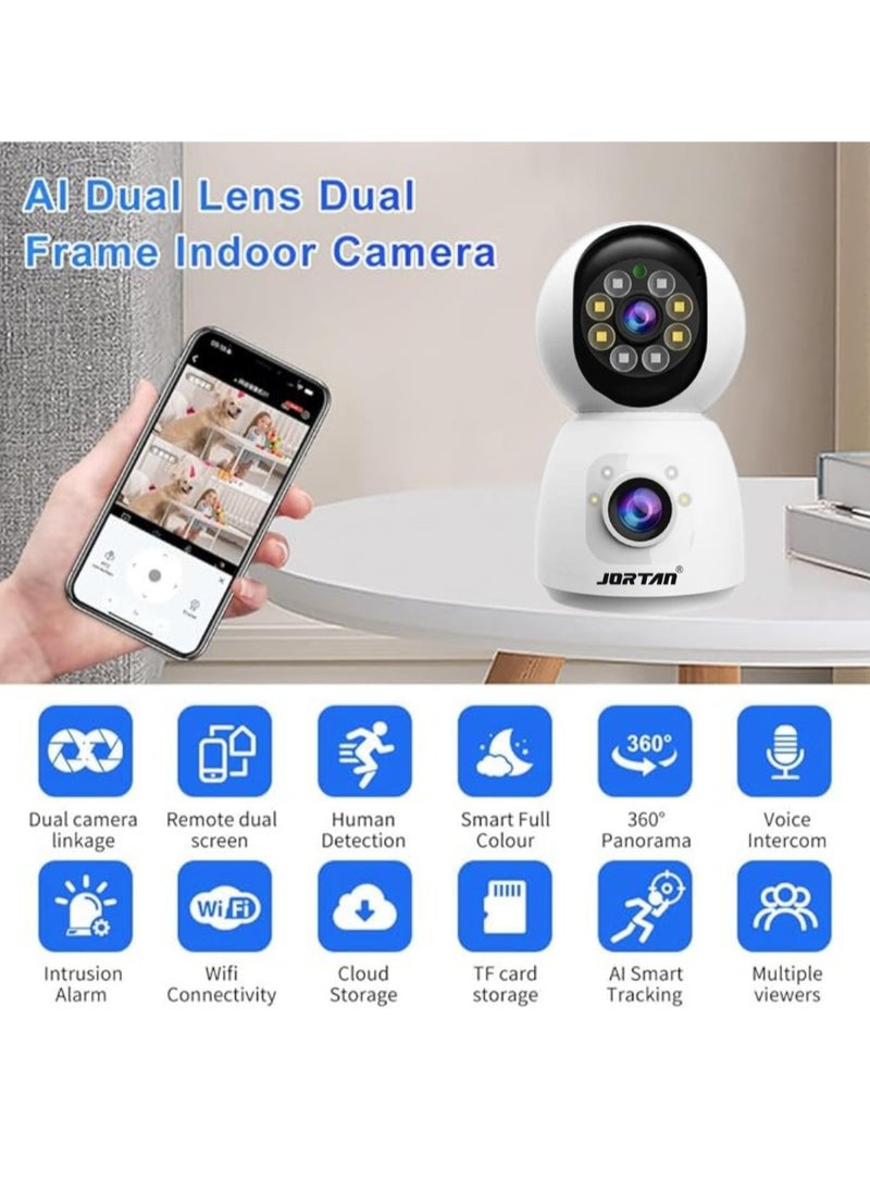 JORTAN - Jortan 4MP Indoor Dual Lens Wi-Fi Security Camera, Full Color Night Vision, 2 way Talking, Motion Detection, Motion Tracking, HD Picture, Security Alarm, PTZ Control, 24/7 Surveillance Camera - Image 1