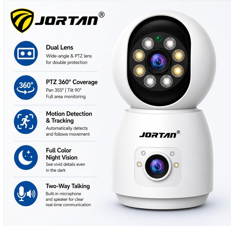 Jortan 4MP Indoor Dual Lens Wi-Fi Security Camera, Full Color Night Vision, 2 way Talking, Motion Detection, Motion Tracking, HD Picture, Security Alarm, PTZ Control, 24/7 Surveillance Camera - Image 1