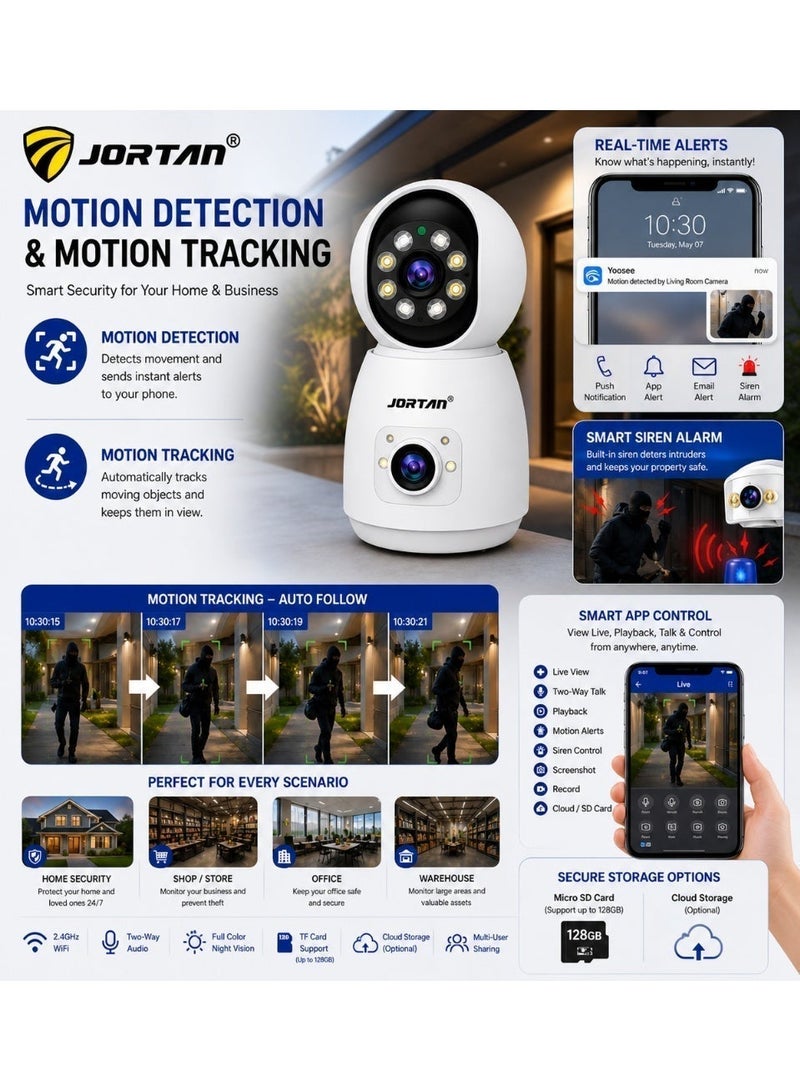 Jortan 4MP Indoor Dual Lens Wi-Fi Security Camera, Full Color Night Vision, 2 way Talking, Motion Detection, Motion Tracking, HD Picture, Security Alarm, PTZ Control, 24/7 Surveillance Camera - Image 3