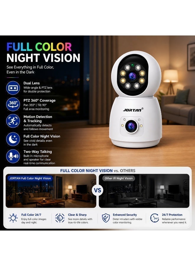 Jortan 4MP Indoor Dual Lens Wi-Fi Security Camera, Full Color Night Vision, 2 way Talking, Motion Detection, Motion Tracking, HD Picture, Security Alarm, PTZ Control, 24/7 Surveillance Camera - Image 4