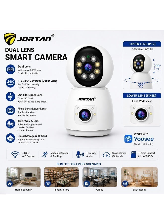 Jortan 4MP Indoor Dual Lens Wi-Fi Security Camera, Full Color Night Vision, 2 way Talking, Motion Detection, Motion Tracking, HD Picture, Security Alarm, PTZ Control, 24/7 Surveillance Camera - Image 2