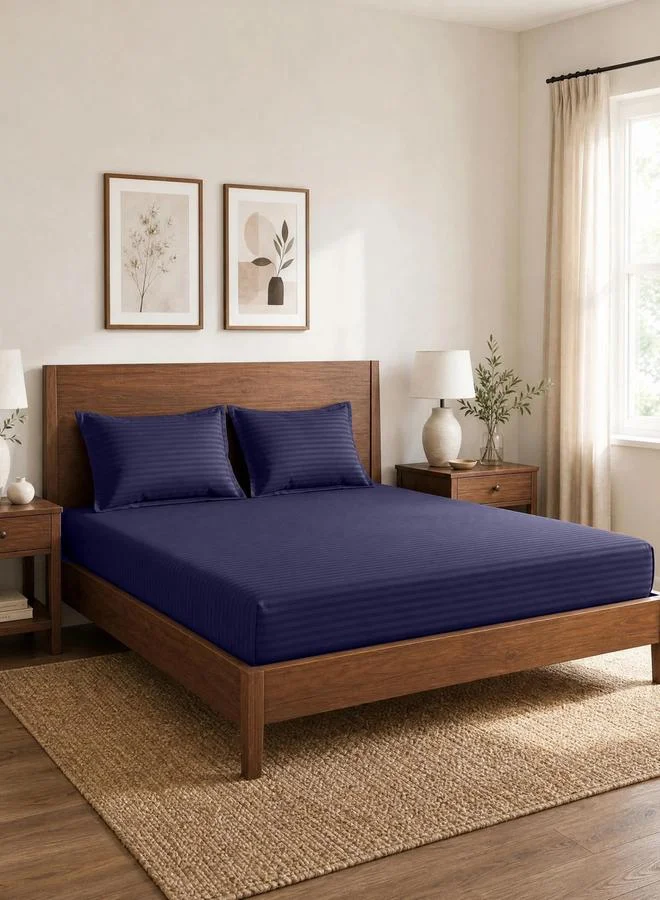 Styli Pack of 3- Stripe King Fitted Bedsheet with Pillow Covers Navy Blue