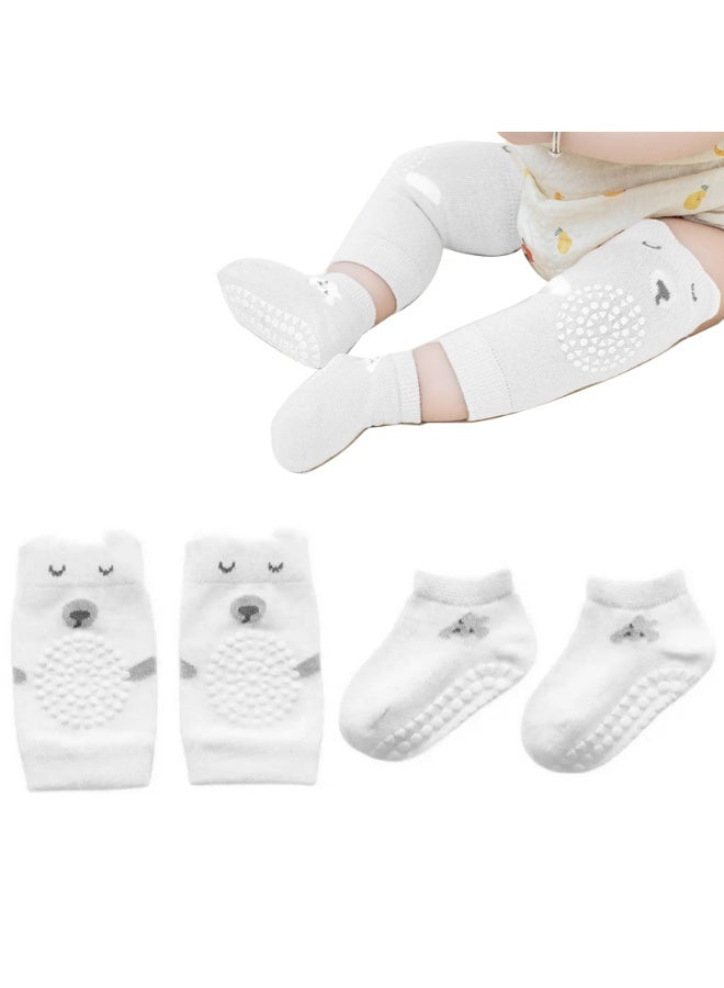 Baby Crawling Knee Pads and Anti-Slip Floor Crawl Socks Set For Toddlers,White,L - Image 1