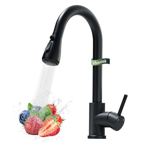 VFAUOSIT Black Kitchen Faucet with Pull Down Sprayer, VFAUOSIT Industrial Commercial Stainless Steel Single Handle Single Hole 3 Hole RV Laundry Pull Down Pull Out Gooseneck Kitchen Sink Faucets Matte Black - Image 1
