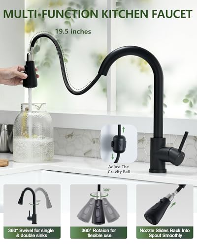 VFAUOSIT Black Kitchen Faucet with Pull Down Sprayer, VFAUOSIT Industrial Commercial Stainless Steel Single Handle Single Hole 3 Hole RV Laundry Pull Down Pull Out Gooseneck Kitchen Sink Faucets Matte Black - Image 3