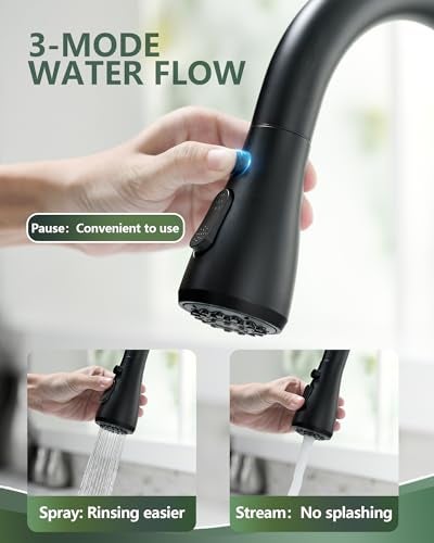 VFAUOSIT Black Kitchen Faucet with Pull Down Sprayer, VFAUOSIT Industrial Commercial Stainless Steel Single Handle Single Hole 3 Hole RV Laundry Pull Down Pull Out Gooseneck Kitchen Sink Faucets Matte Black - Image 4