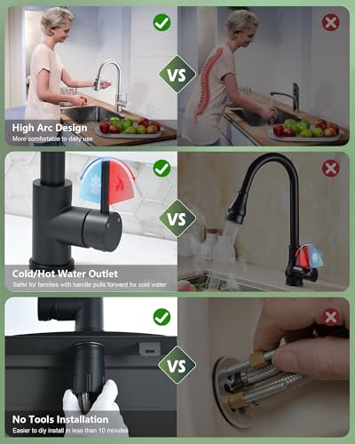 VFAUOSIT Black Kitchen Faucet with Pull Down Sprayer, VFAUOSIT Industrial Commercial Stainless Steel Single Handle Single Hole 3 Hole RV Laundry Pull Down Pull Out Gooseneck Kitchen Sink Faucets Matte Black - Image 5