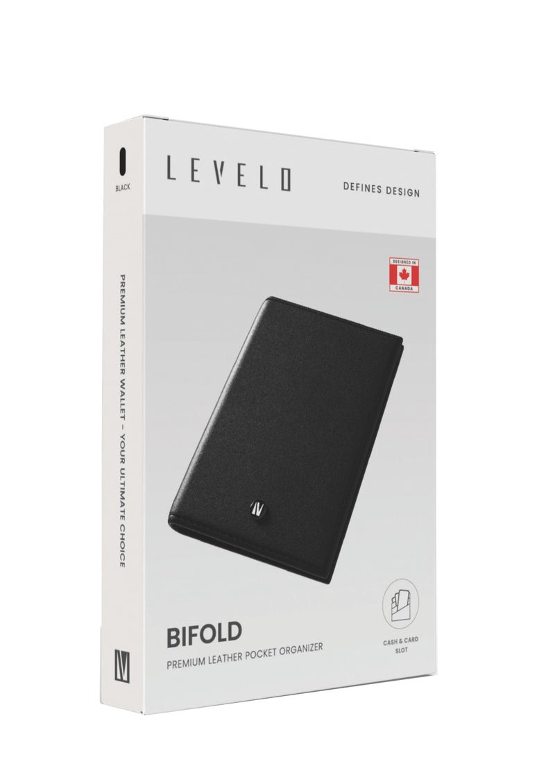 LEVELO Bifold Genuine Leather Pocket Organizer / Cash & Card Slot Premium Leather Wallet - Black - Image 5