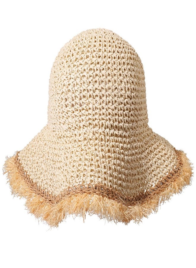 بودرير قبعة قش نسائية من بوديرير، قبعة شاطئ شمسية، قبعة دلو قابلة للطي من القش، مزينة بنقوش كروشيه، إكسسوارات صيفية للشاطئ، لون بيج - Image 4