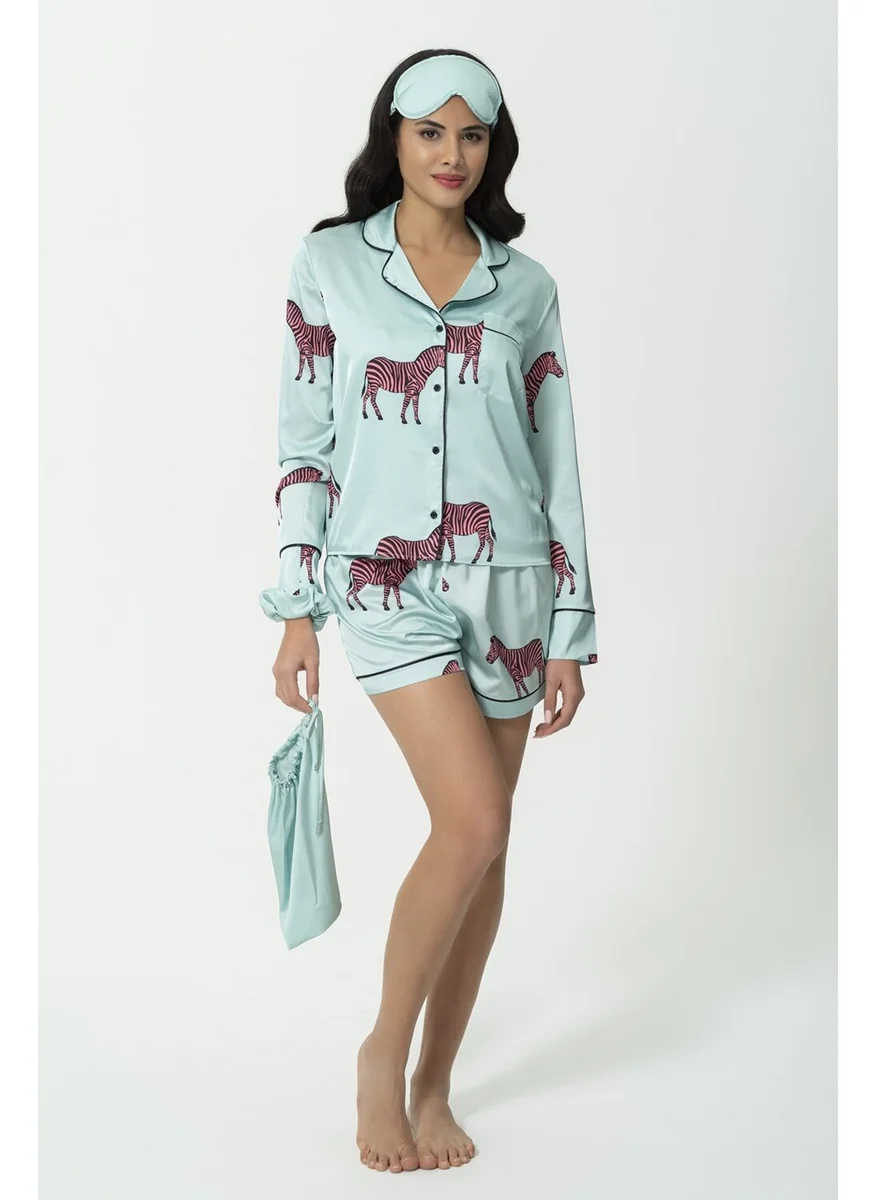 For You Sleepwear 6-Piece Zebra Pattern Green Satin Pajama Shorts Set S27219