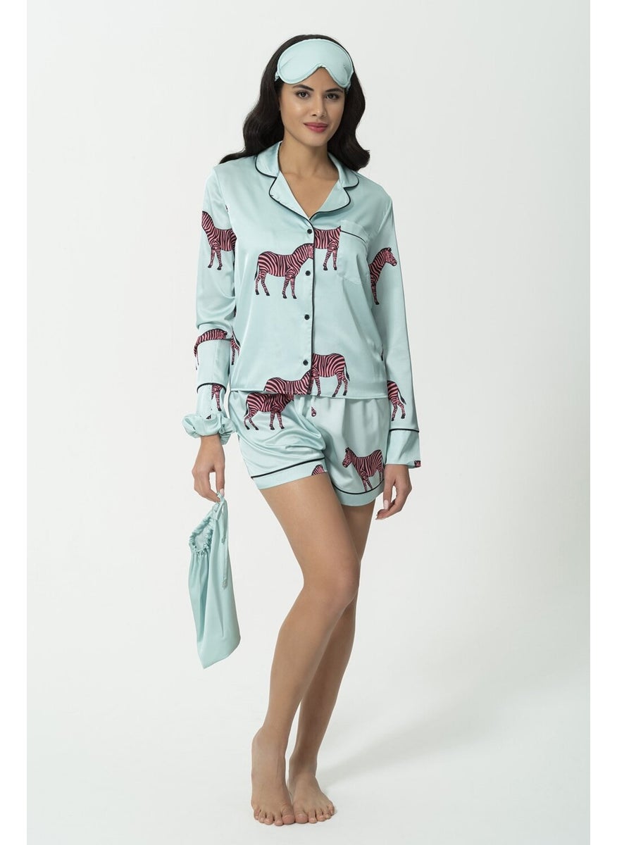 6-Piece Zebra Pattern Green Satin Pajama Shorts Set S27219