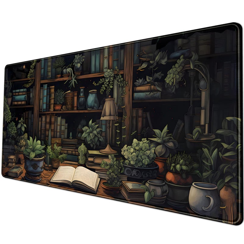 YKJWW Desk Mat Green Bonsai Library Book Mouse Pad Big Vintage Aesthetic Desk Pad Flower Plant Extended Mouse Pad Large Gaming Mousepad XXL Keyboard Mouse Mat Desktop Mat Office Desk 315 X 118 in - Image 2