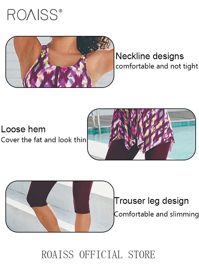 roaiss - Women 2 Piece Swimwear Set Printed Camisole Dress Top & Tight-Fitting Capri Leggings Quick Drying Fabric Moisture Wicking and Breathable Provides Coverage and Modesty without being Revealing - Image 1