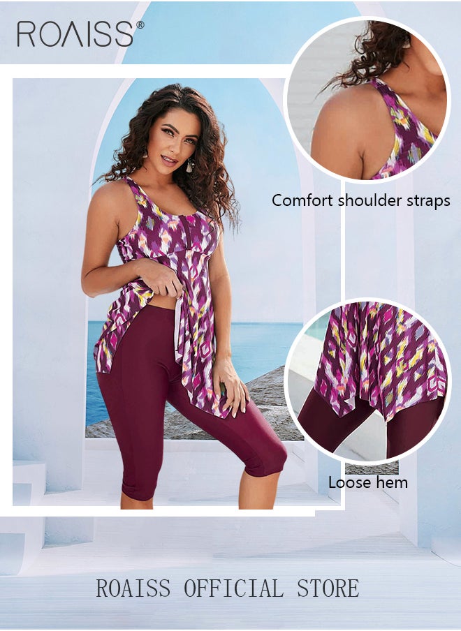 roaiss - Women 2 Piece Swimwear Set Printed Camisole Dress Top & Tight-Fitting Capri Leggings Quick Drying Fabric Moisture Wicking and Breathable Provides Coverage and Modesty without being Revealing - Image 1