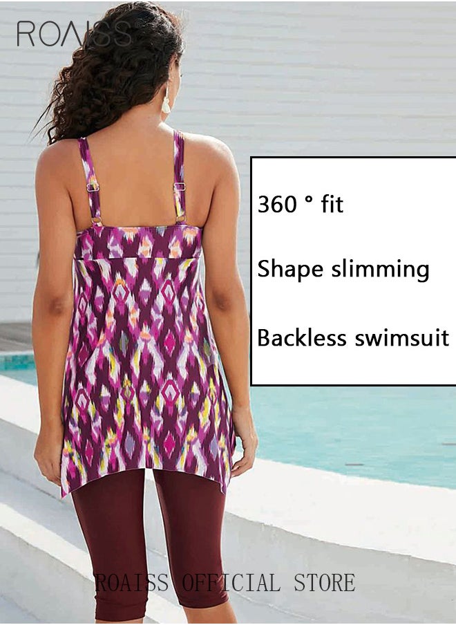roaiss - Women 2 Piece Swimwear Set Printed Camisole Dress Top & Tight-Fitting Capri Leggings Quick Drying Fabric Moisture Wicking and Breathable Provides Coverage and Modesty without being Revealing - Image 1