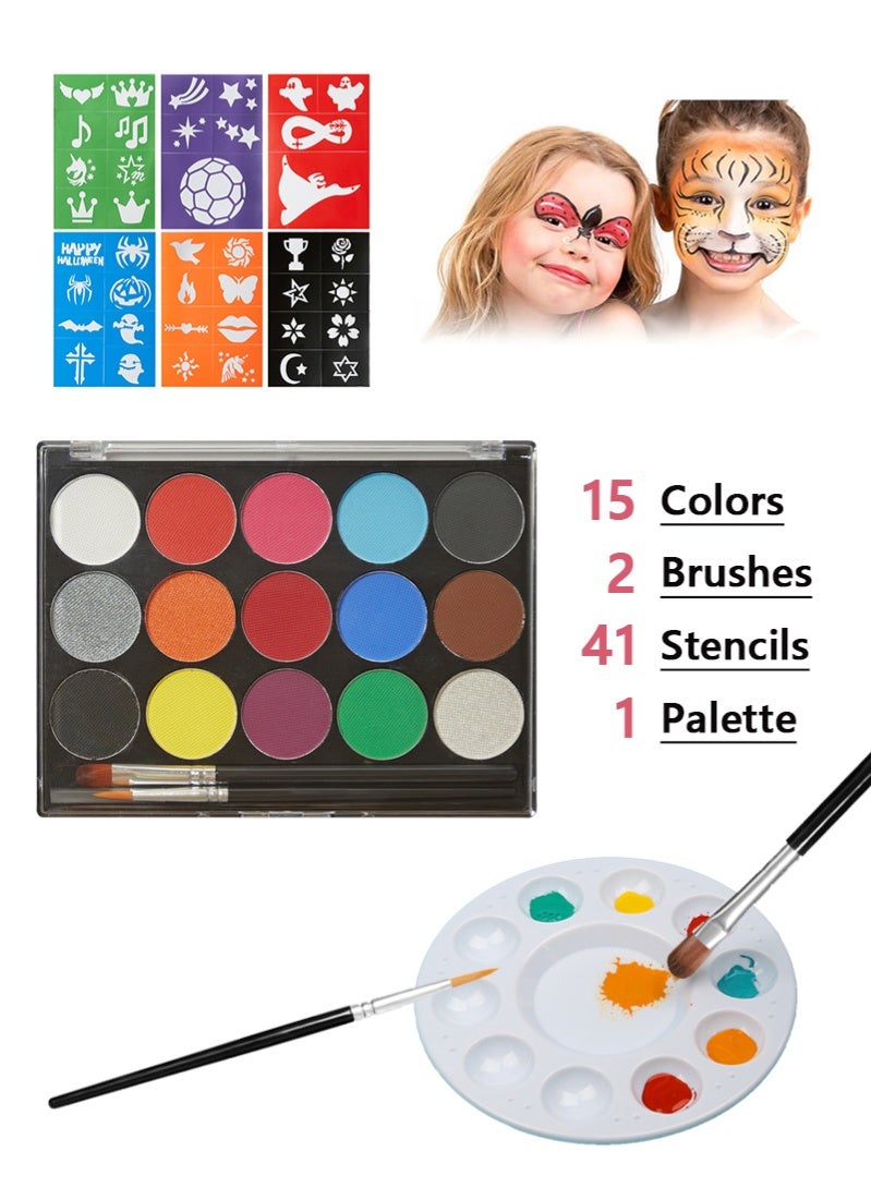 باليت ألوان مكياج للوجه والجسم من 15 لونًا لمهرجانات الكوزبلاي، مع فرشتين و41 استنسل، ألوان احترافية غير سامة للرسم على الوجه. مثالي لألوان وجه الأطفال والكبار. ألوان مائية ذات تأثيرات خاصة بالأبيض والأحمر والأسود لمكياج الهالوين والحفلات - Image 1
