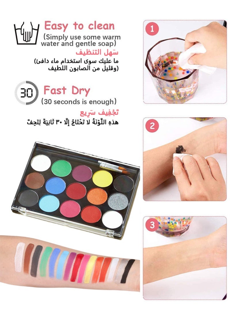 باليت ألوان مكياج للوجه والجسم من 15 لونًا لمهرجانات الكوزبلاي، مع فرشتين و41 استنسل، ألوان احترافية غير سامة للرسم على الوجه. مثالي لألوان وجه الأطفال والكبار. ألوان مائية ذات تأثيرات خاصة بالأبيض والأحمر والأسود لمكياج الهالوين والحفلات - Image 3
