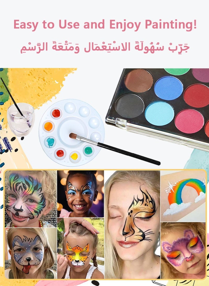 باليت ألوان مكياج للوجه والجسم من 15 لونًا لمهرجانات الكوزبلاي، مع فرشتين و41 استنسل، ألوان احترافية غير سامة للرسم على الوجه. مثالي لألوان وجه الأطفال والكبار. ألوان مائية ذات تأثيرات خاصة بالأبيض والأحمر والأسود لمكياج الهالوين والحفلات - Image 5