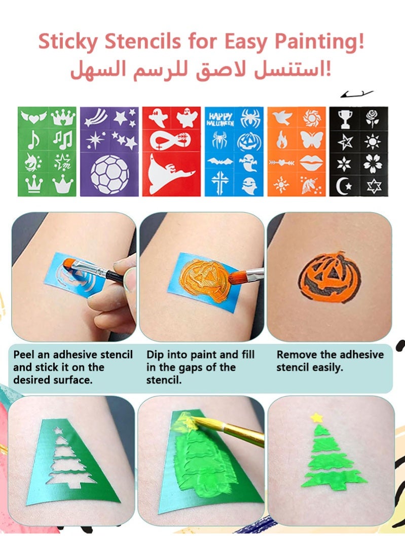 باليت ألوان مكياج للوجه والجسم من 15 لونًا لمهرجانات الكوزبلاي، مع فرشتين و41 استنسل، ألوان احترافية غير سامة للرسم على الوجه. مثالي لألوان وجه الأطفال والكبار. ألوان مائية ذات تأثيرات خاصة بالأبيض والأحمر والأسود لمكياج الهالوين والحفلات - Image 4