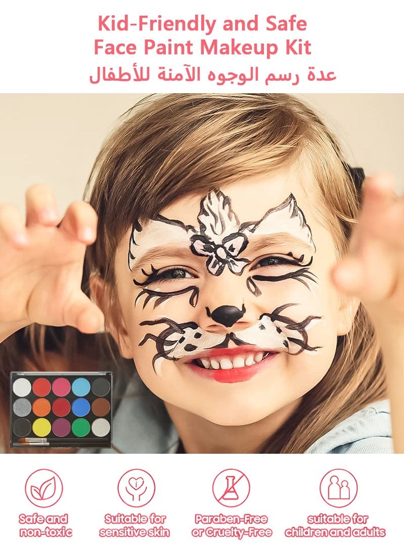 باليت ألوان مكياج للوجه والجسم من 15 لونًا لمهرجانات الكوزبلاي، مع فرشتين و41 استنسل، ألوان احترافية غير سامة للرسم على الوجه. مثالي لألوان وجه الأطفال والكبار. ألوان مائية ذات تأثيرات خاصة بالأبيض والأحمر والأسود لمكياج الهالوين والحفلات - Image 2