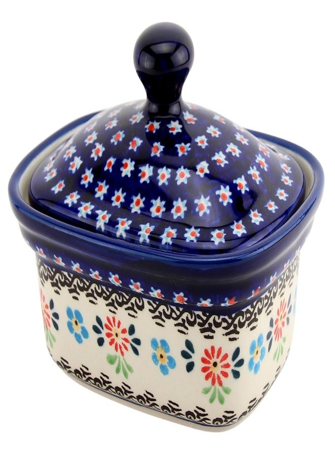 Polish Pottery Market طبق زبدة من سوق الخزف البولندي، بغطاء، طول 5.75 بوصة × عرض 4 بوصات × ارتفاع 4 بوصات، سعة 14 أونصة، وعاء لحفظ الزبدة، مصنوع يدويًا في زاكلادي بوليسلاويك، بولندا، طبق زبدة خزفي بمقبض. - Image 1