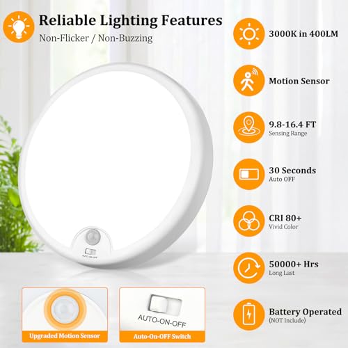Brightever 2-Pack Battery Operated Motion Sensor LED Ceiling Lights Indoor, Wireless Flush Mount Light Fixture 3000K in 400LM, Battery Powered Ceiling Lamps for Closet Pantry Laundry Stair(Battery Not Included) - Image 4