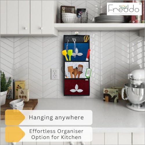 FREDDO Modern Wall Hanging Organiser For Magazine Letter Key News Paper Kitchen With 3 Sturdy Pockets (Multi Colour) Pack Of 1 Pcs, Multicolor, 53.3 X 22.9 X 1 cm - Image 5