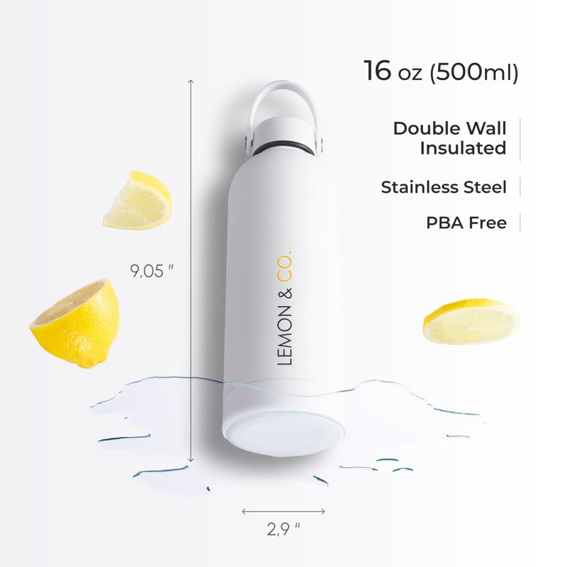 LEMON & CO. Stainless Steel Bottle (16oz, 500ml) - Sustainable Water Bottle with Handle for Hot & Cold Drinks for Travel, Gym and More, Double Wall Vacuum Insulated, BPA-Free - Minimalist Design - Image 5