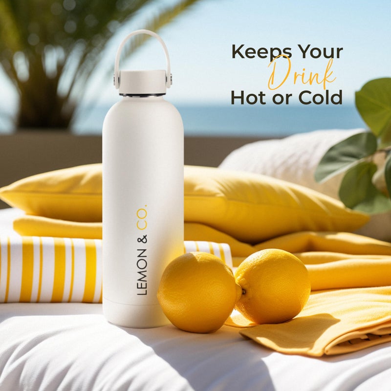 LEMON & CO. Stainless Steel Bottle (16oz, 500ml) - Sustainable Water Bottle with Handle for Hot & Cold Drinks for Travel, Gym and More, Double Wall Vacuum Insulated, BPA-Free - Minimalist Design - Image 2