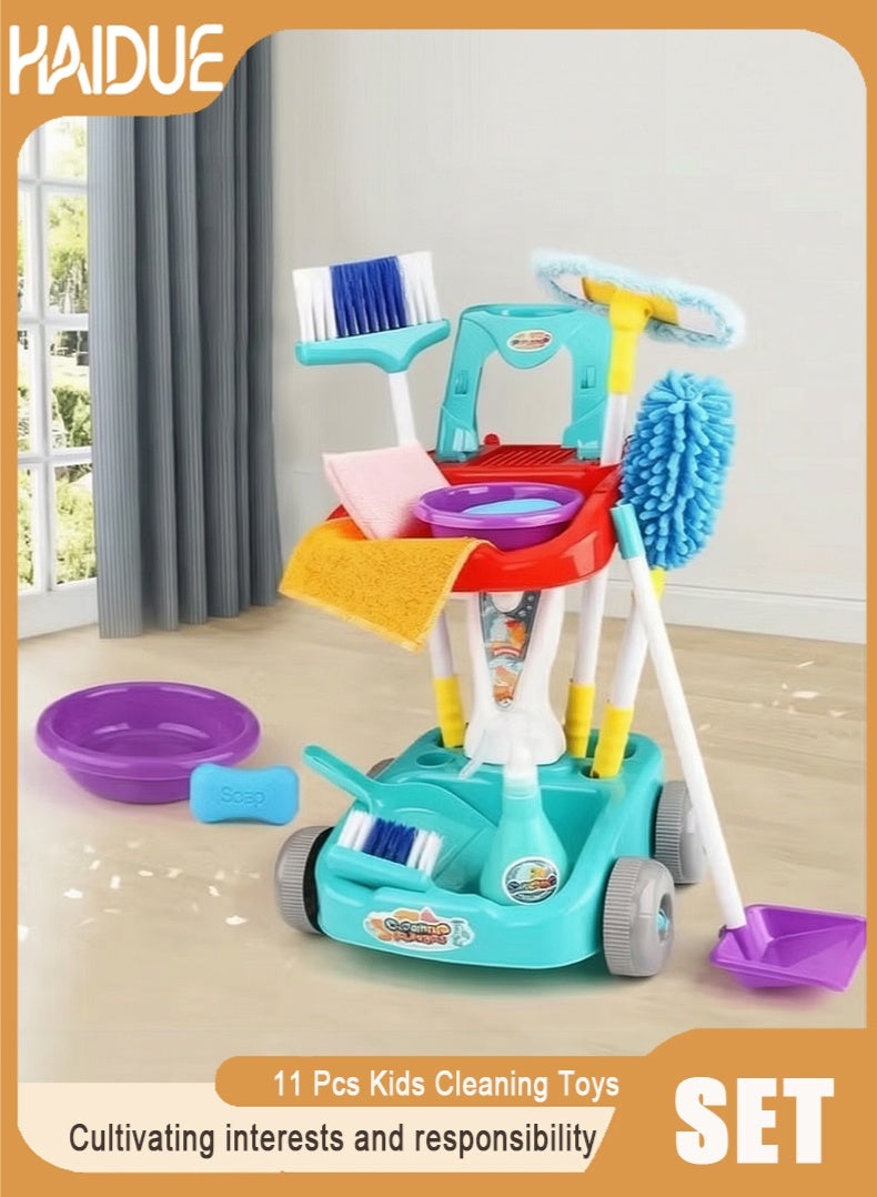 Haidue 11 Pcs Kids Cleaning Toys Set Household Playset Pretend Play Housekeeping Clean Cart Toy - Image 1